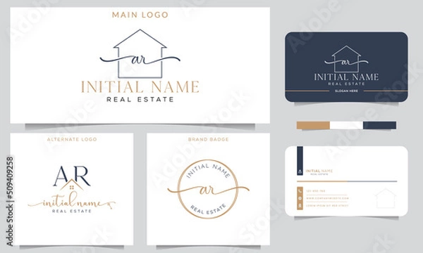 Fototapeta AR Initial handwriting Real estate signature logo with business card design vector template. 