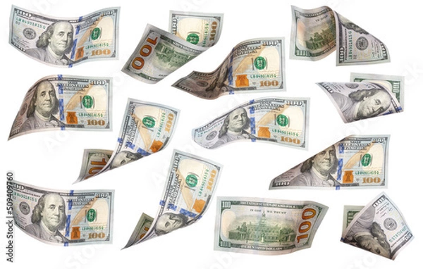 Obraz Dollars, flying money, curved in different ways, isolated on a white background.