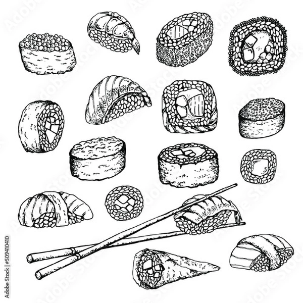 Fototapeta Sushi. Set. Stock vector illustration. Hand drawing. Isolated on white. Black and white sketch. For product packaging, labels. Asian food.Business card for sushi. Sushi menu, sushi bar