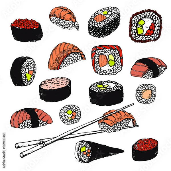 Fototapeta Sushi. Set. Stock vector illustration. Hand drawing. Isolated on white. Color sketch. For product packaging, labels. Asian food.Business card for sushi. Sushi menu, sushi bar
