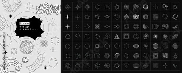 Obraz RETROFUTURYSTYCZNE KOLEKCJE ELEMENTY PROJEKTU. Cybernetyczny styl futurystyczny w stylu lat 80. XX wieku kształty brutalizmu, minimalistyczne elementy geometryczne, abstrakcyjne Bauhaus. Minimalistyczne formy gwiazdy i kwiatów