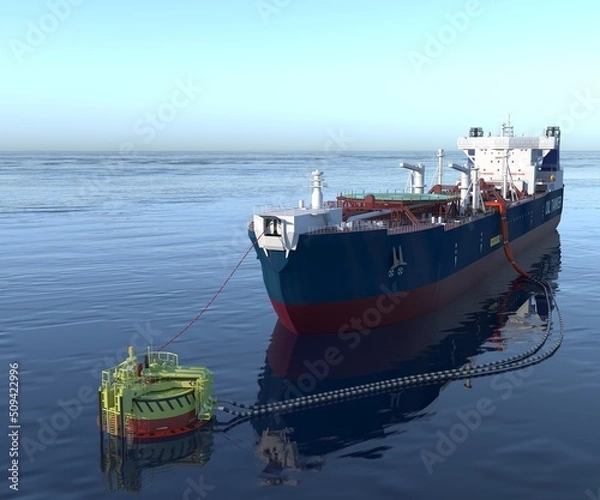 Fototapeta Oil tanker at the SPM buoy. 3d-rendering. A double-acting Arctic tanker at a single-point mooring (SPM buoy). Oil terminal with connected flexible hoses. The process of oil transshipment. 