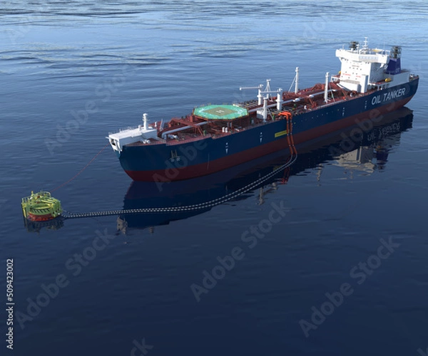 Fototapeta Oil tanker at the SPM buoy. 3d-rendering. A double-acting Arctic tanker at a single-point mooring (SPM buoy). Oil terminal with connected flexible hoses. The process of oil transshipment. 