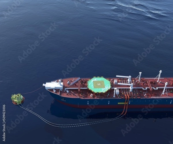 Fototapeta Oil tanker at the SPM buoy. 3d-rendering. A double-acting Arctic tanker at a single-point mooring (SPM buoy). Oil terminal with connected flexible hoses. The process of oil transshipment. 