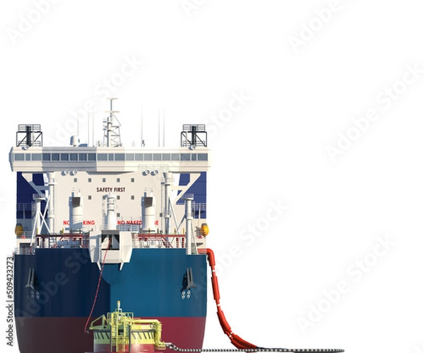 Fototapeta Oil tanker at the SPM buoy. 3d-rendering. A double-acting Arctic tanker at a single-point mooring (SPM buoy). Oil terminal with connected flexible hoses. The process of oil transshipment. Isolated on 