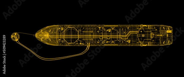 Fototapeta Oil tanker with SPM buoy. Scheme. 3d-rendering. A double-acting Arctic tanker at a single-point mooring (SPM buoy). Oil terminal with connected flexible hoses.  Yellow scheme isolated on black
