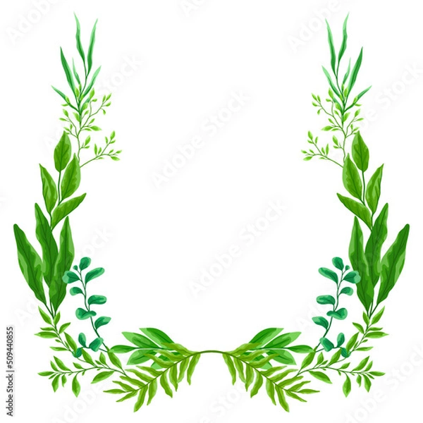 Fototapeta Frame with branches and green leaves. Spring or summer stylized foliage.