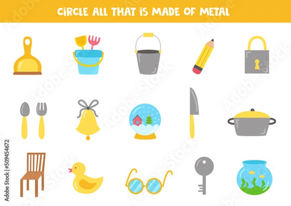 Fototapeta Find all metal objects. Educational worksheet for children.