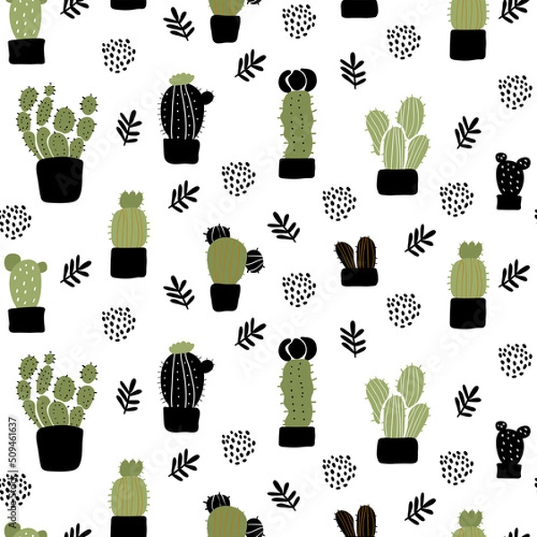 Obraz Vector seamless pattern with different cactus. Bright repeated texture with green cacti. Natural hand drawing background with desert plants.