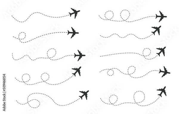 Fototapeta Set of dashed line air plane route, flat design