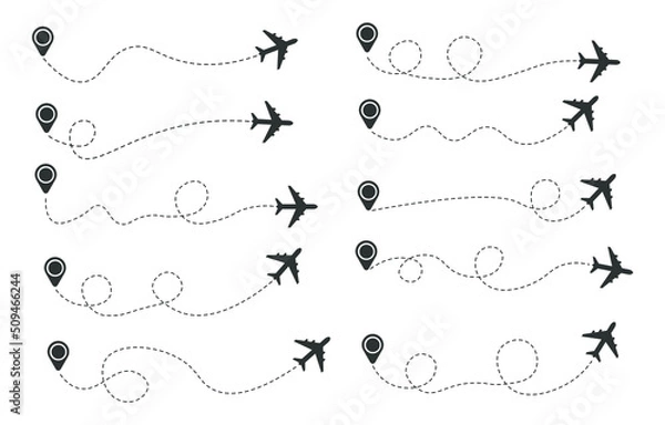 Fototapeta Set of dashed line air plane route, flat design