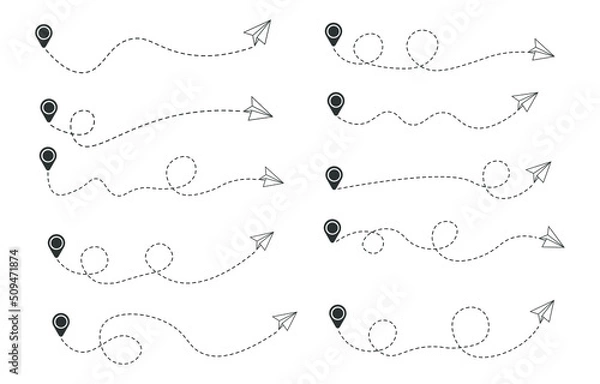 Fototapeta Set of dashed line paper air plane route with location icon , flat design