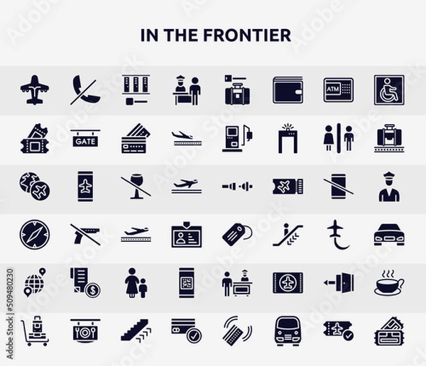 Fototapeta in the frontier filled icons set. glyph icons such as airliner, airport check in, ticket card, no drinks, luggage tag, receipt with dollar, qr code scan, exit, credit cards accepted icon.