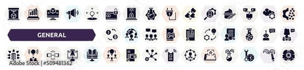 Fototapeta general filled icons set. glyph icons such as 3d printing, credit limit, hr services, crypto-exchange, implementation, data aggregation, chain, collaborative idea, ar presentation icon.