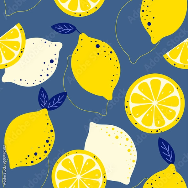 Fototapeta Trendy seamless pattern with whole lemons and sliced lemons