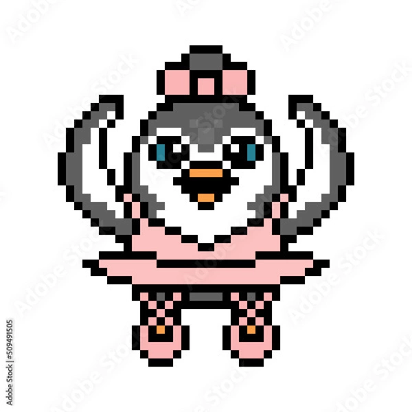 Fototapeta Ballet dancer penguin girl in a tutu dress and pointe shoes, pixel art animal character isolated on white background. Retro 80s, 90s 8 bit slot machine, video game graphics. Cartoon ballerina mascot.