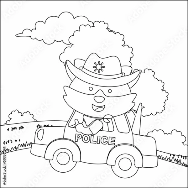 Obraz Cute little police fox driving a car go to downtown funny animal cartoon,  Trendy children graphic with Line Art Design Hand Drawing Sketch Vector illustration For Adult And Kids Coloring Book.