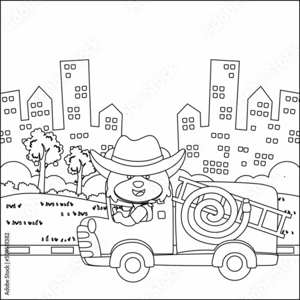 Obraz Fire rescue team with funny firefighter, vector cartoon, Cartoon isolated vector illustration, Creative vector Childish design for kids activity colouring book or page.