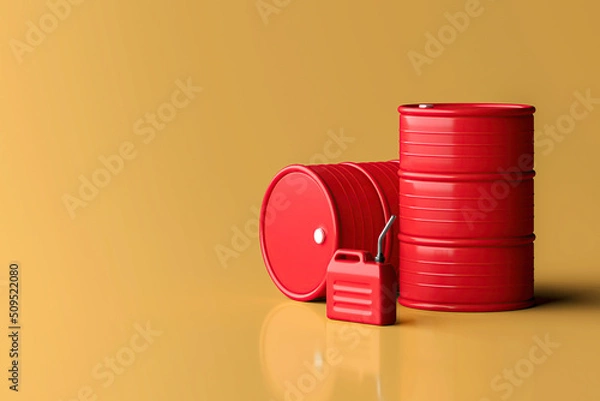Fototapeta Red oil tank and plastic jerrycan canister on orange background, minimal background for energy concepts. 3d rendering