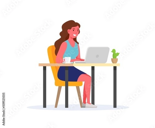 Fototapeta The girl sits at the table and works at home at the computer. Work at home, home office. Remote work, freelance