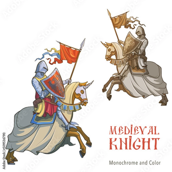 Obraz Early Medieval mounted knight. A warrior in a chain-mail armor riding on a horse back. Medieval gothic style concept art. Color drawing isolated on white background. EPS10 vector illustration