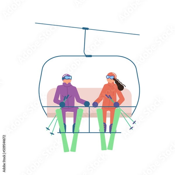 Obraz Pair of cartoon skiers in ski elevator isolated on white background