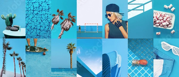 Fototapeta Set of trendy aesthetic photo collages. Minimalistic images of one top color. Fresh Tropical Blue summer moodboard