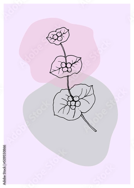 Fototapeta Abstract floral background with honeysuckle branch, freehand drawing and geometric shapes in pastel colors. Modern minimalistic aesthetic illustrations, design for wall decoration, postcards, posters.