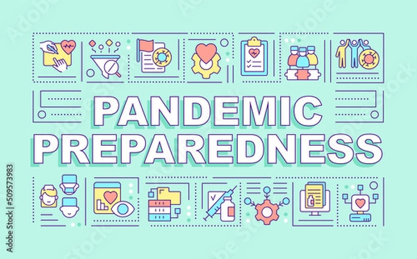 Obraz Pandemic preparedness word concepts mint banner. Planning for outbreaks. Infographics with editable icons on color background. Isolated typography. Vector illustration with text. Arial-Black font used