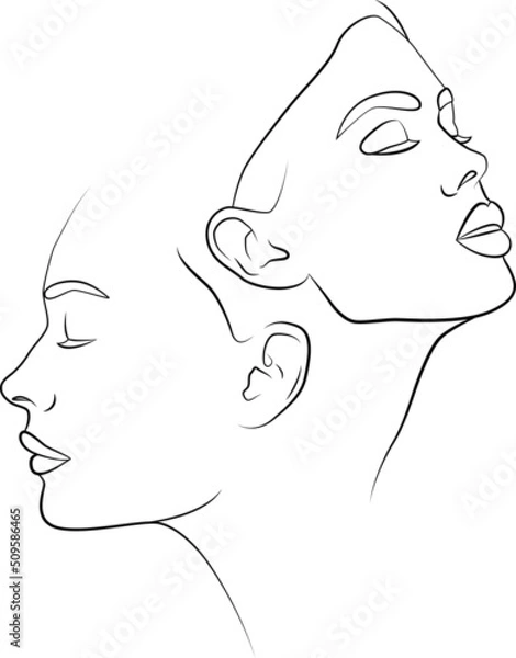 Fototapeta One line. Two faces in one line. Portrait. Face. Two faces online. Vector image of a female face.