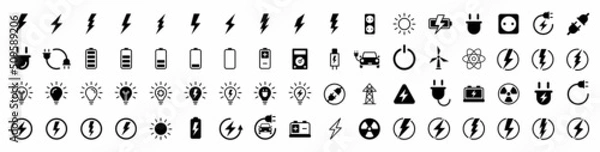Fototapeta Electricity icons set. Set of green energy thin line icons. Power related icon set. Icons for renewable energy, green technology. Vector illustration