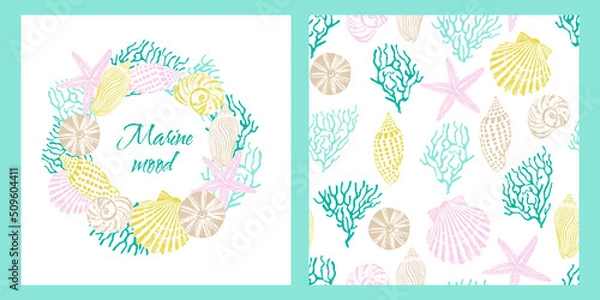 Fototapeta Greeting card from marine circular pattern of corals, shells, starfish. Postcard concept with place for text and seamless pattern.