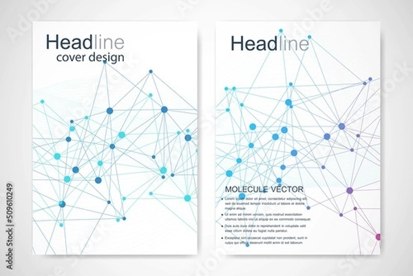 Fototapeta Scientific brochure design template. Vector flyer layout, Molecular structure with connected lines and dots. Scientific pattern atom DNA with elements for magazine, leaflet, cover, poster design.