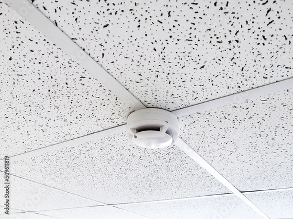 Fototapeta Smoke sensor on the ceiling in the office room. Fire alarm element. Workspace security.