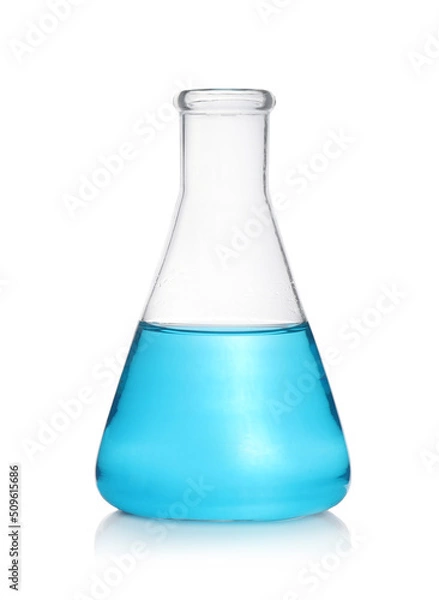 Fototapeta Laboratory flask with light blue liquid isolated on white