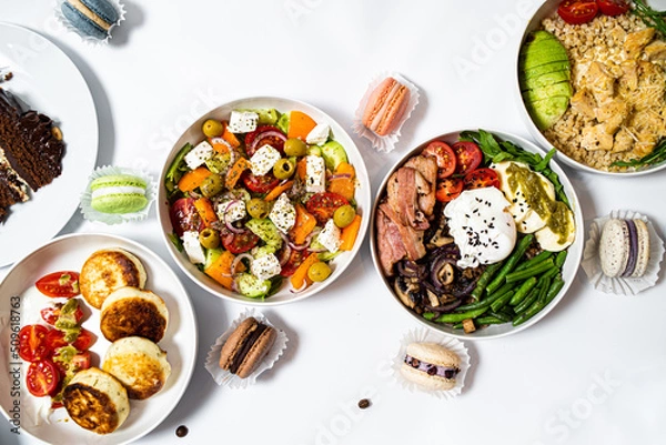 Obraz Set of different fresh dishes on white background. Banner design