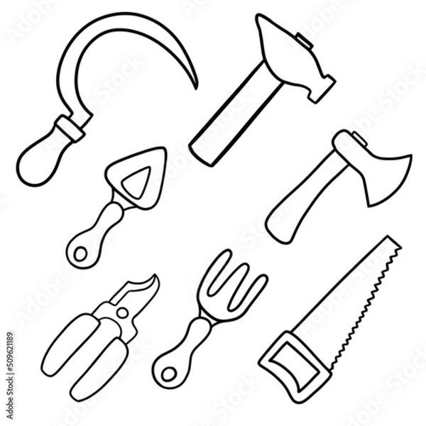 Fototapeta A large set of metal garden tools for pruning plants, for caring for plants, vector illustration