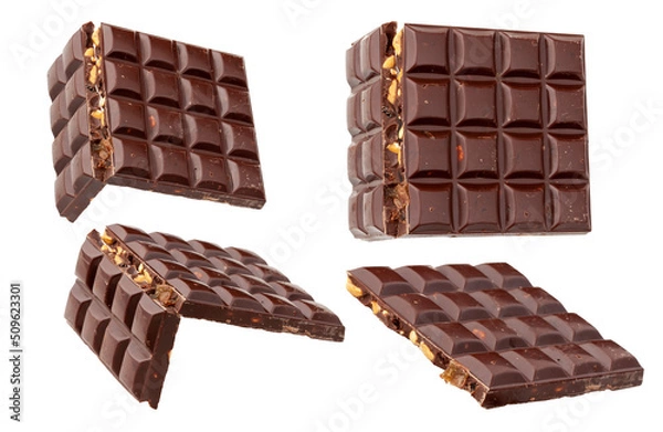 Obraz Milk chocolate. A bar of milk chocolate with nuts, broken into two pieces. Isolated on white background.