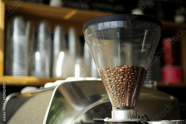 Fototapeta Coffee beans in machine waiting for making hot or cold coffee