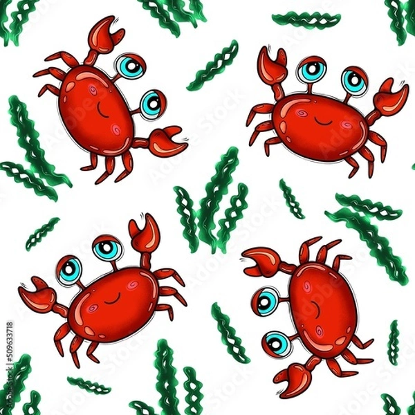 Fototapeta Seamless pattern of sea crabs and algae
