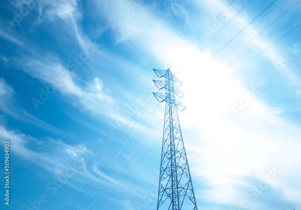 Obraz 送電線の鉄塔と青空