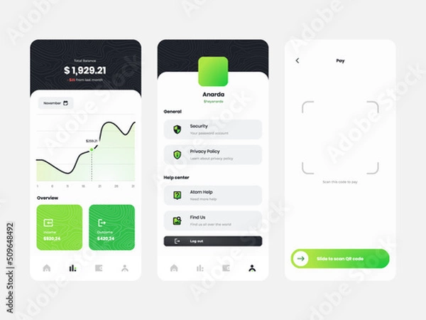 Fototapeta Digital Mobile Banking and e-Wallet Finance Mobile Application UI Kit, designed for seamless financial transactions and money management. Empowering users to handle their finances.
