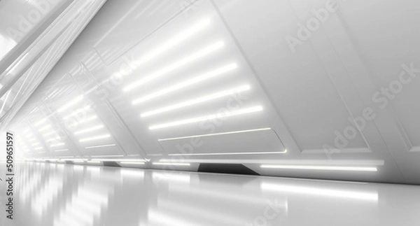 Obraz Abstract Futuristic corridor interior design with lights. Triangle Spaceship Tunnel Future concept. 3D Rendering