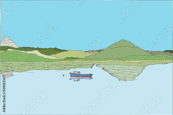 Obraz vector de paisaje con barca
