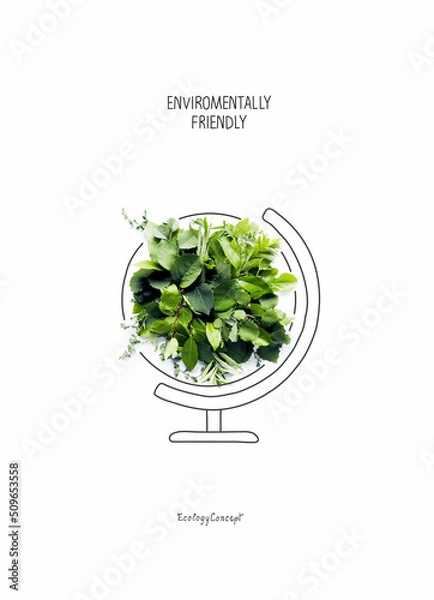Obraz Environmentally friendly planet Concept. Earth day. Planet earth, made from green leaves and grass with sketch of globe. Earth day. Save the planet.Think Green. 