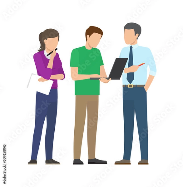 Fototapeta Team works on new startup with laptop and papers. Woman and men develop business project. Productive teamwork projects isolated vector illustration.