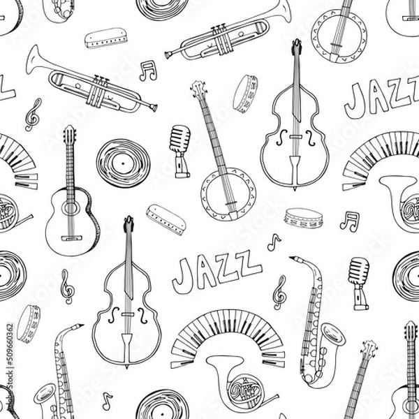 Fototapeta Jazz music, musical instruments vector seamless pattern