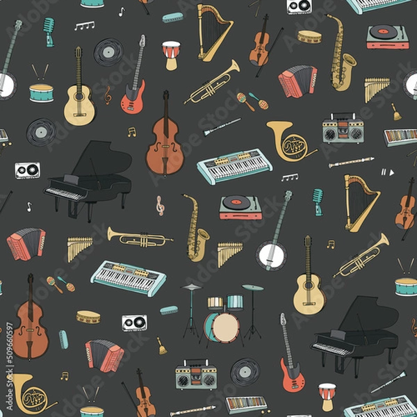 Fototapeta Musical instruments vector seamless pattern
