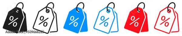 Fototapeta Set of discount coupon or shopping tag. Label with percentage, discount offer tag symbol. Black friday discount, sale label. Sale price tag with discount offer. Vector.