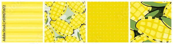 Fototapeta Mango fruit abstract seamless pattern. Colorful kitchen textile or product packaging background in yellow, green and mint  colors.